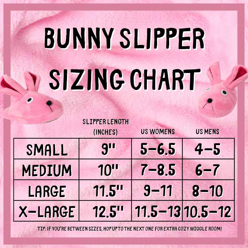 Bunny slipper sizing chart with pink background and bunny illustrations