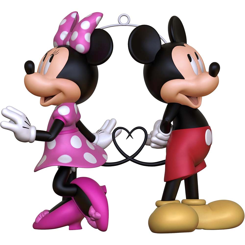 Front view of Hallmark Keepsake Mickey & Minnie ornament with their tails forming a heart.