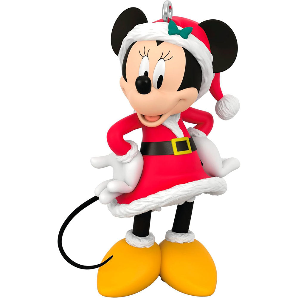 Front view of Hallmark Minnie Mouse Christmas ornament in red Santa outfit