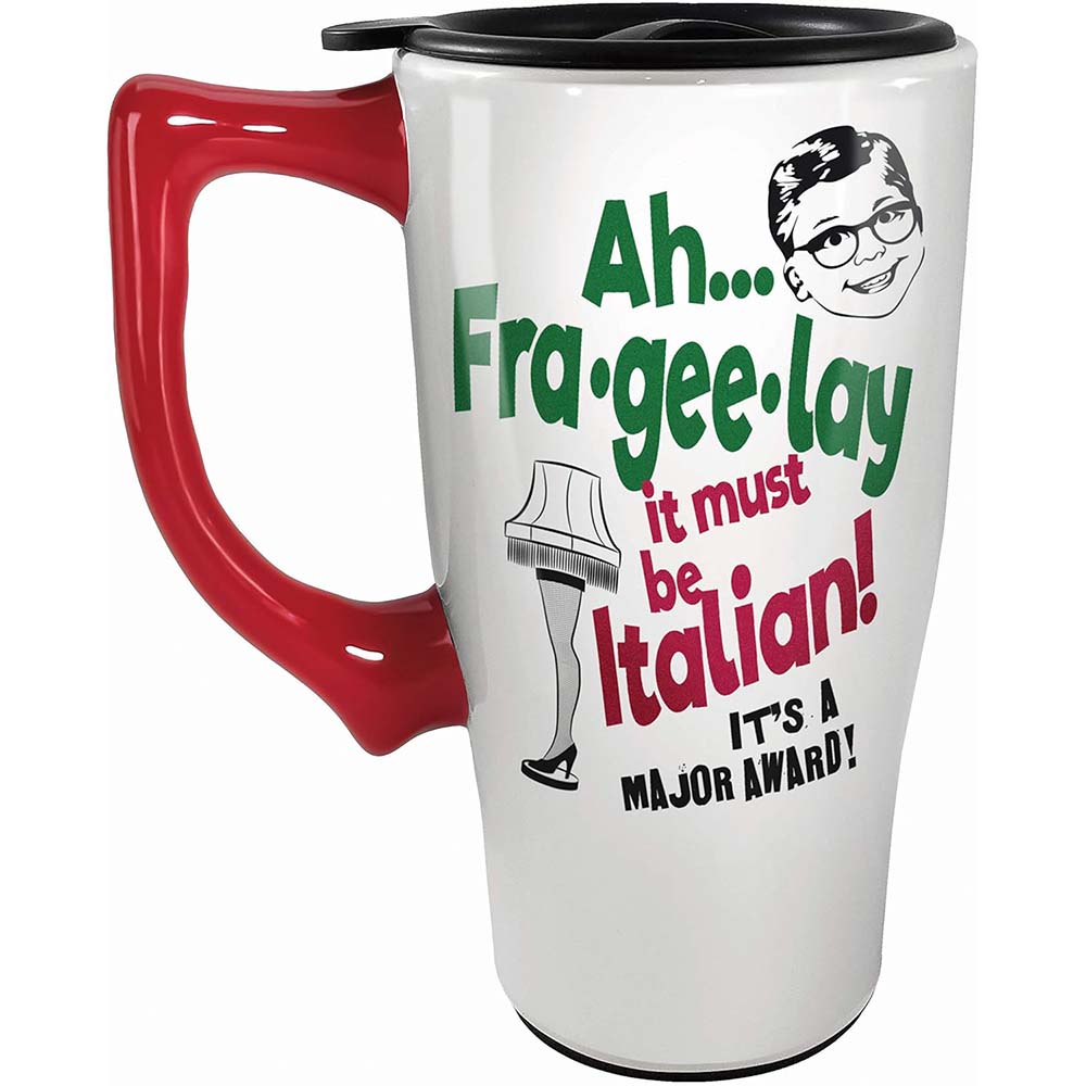 Travel mug with “Ah… Fra-gee-lay, it must be Italian! It’s a major award!” quote, red handle