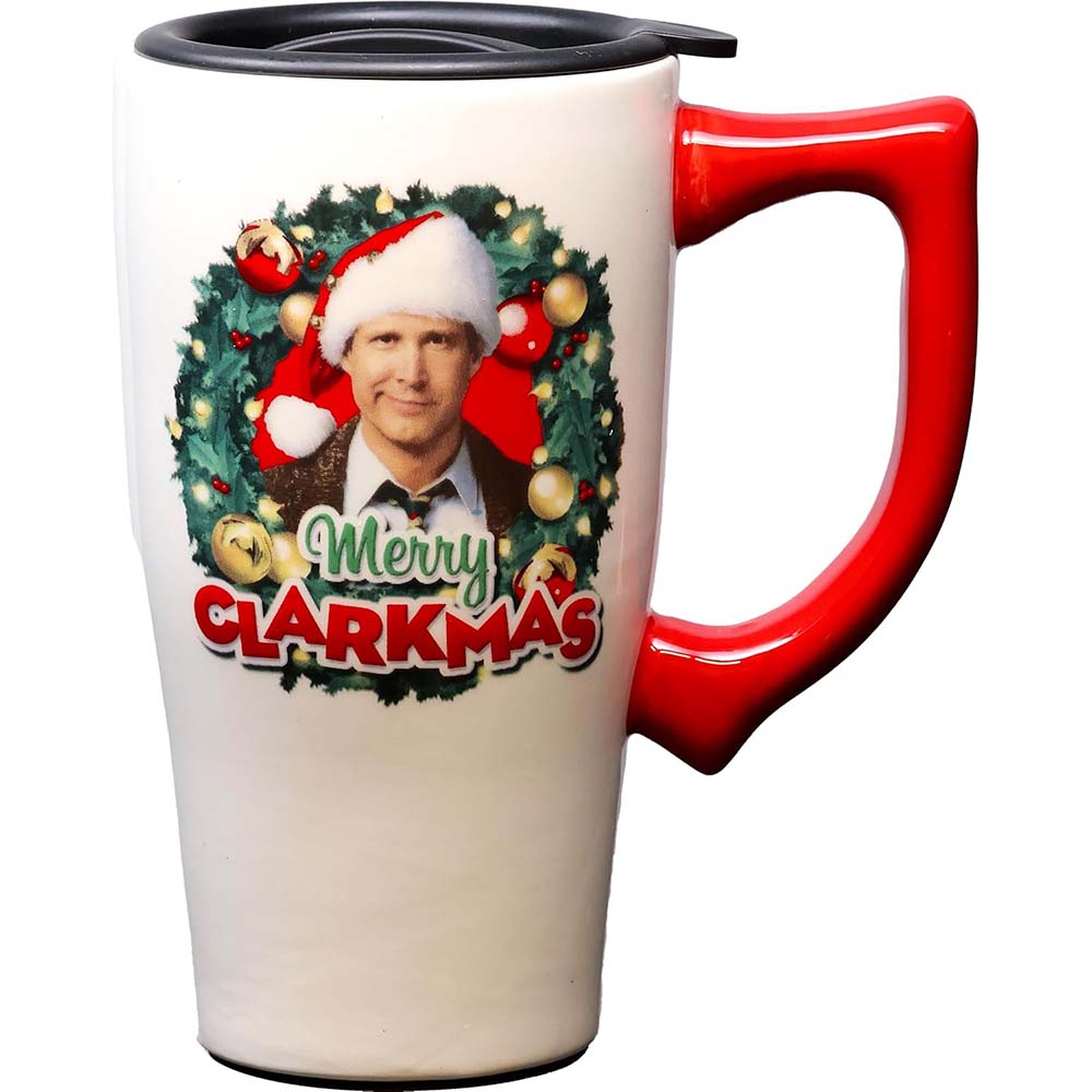 Merry Clarkmas travel mug featuring Clark Griswold in a wreath, red handle, and black lid.