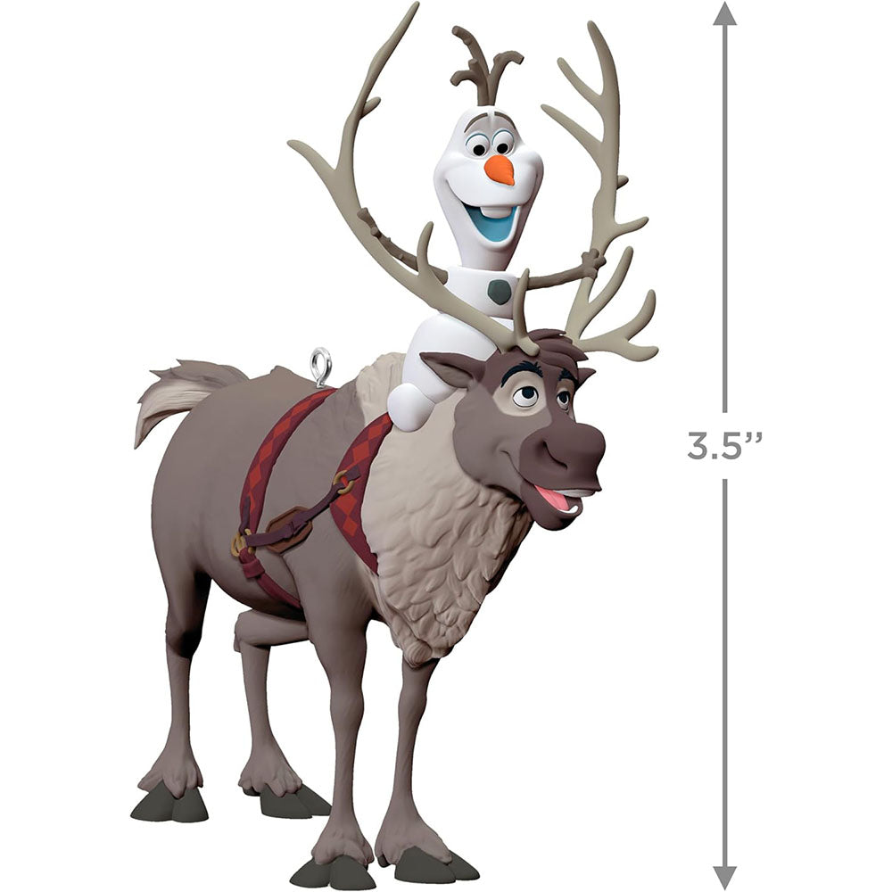 Dimension reference showing Olaf and Sven ornament height as 3.5 inches