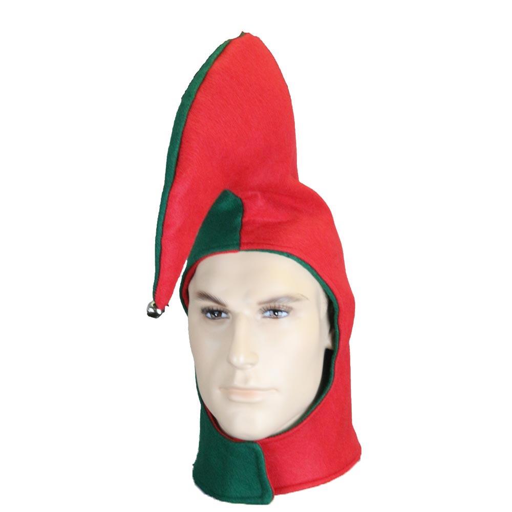 Red and green Christmas Angry Elf hat with tall pointed top and silver bell