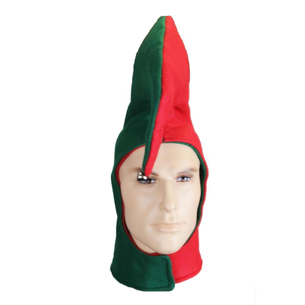Christmas Angry Elf hat worn on mannequin, front view, red and green design