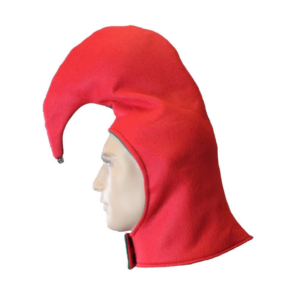 Side profile of red Christmas Angry Elf hat with silver bell