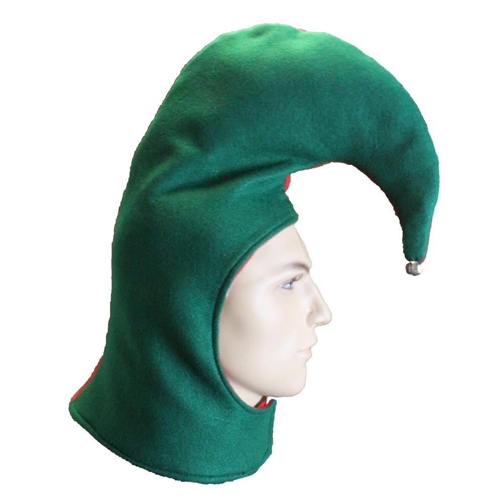 Green side of Christmas Angry Elf hat with red interior and silver bell