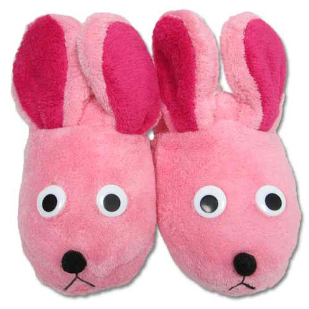 A pair of pink deluxe bunny slippers with white eyes and a black nose, resembling the design from the movie 'A Christmas Story'.