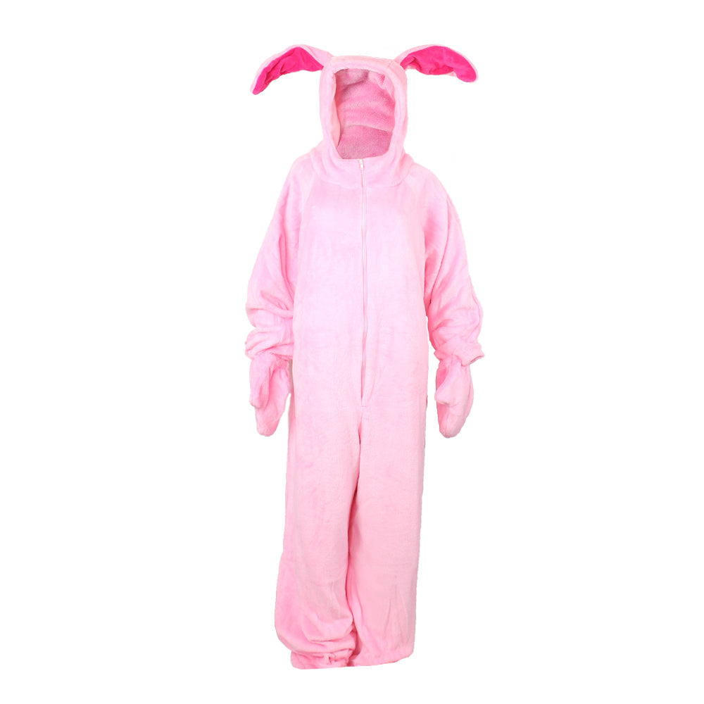 Front view of the pink bunny suit pajama costume featuring the zipper and floppy ears