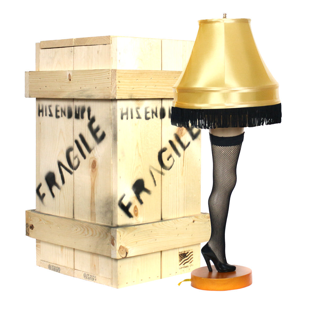 26 inch deluxe leg lamp standing next to replica wood crate. 