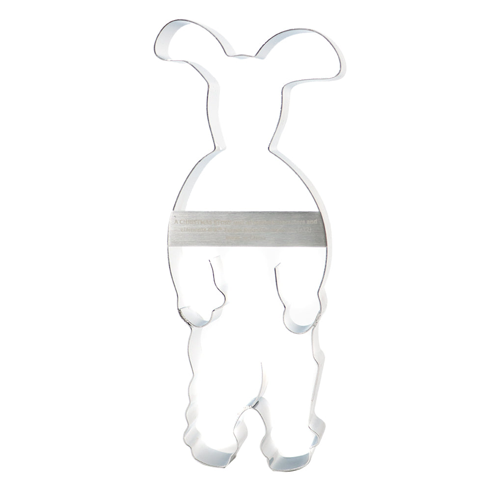 Front view of metal bunny-shaped cookie cutter with long ears and rounded body.