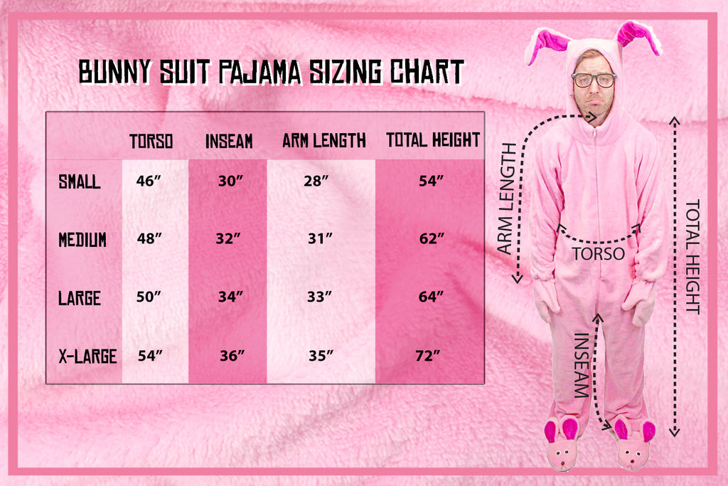 Bunny Suit Pajama Sizing Chart featuring a variety of adult sizes.